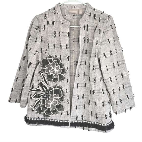 Chico's Gray Blazer with Black And White Floral Embroidery and Fringe Size S - Picture 2 of 8